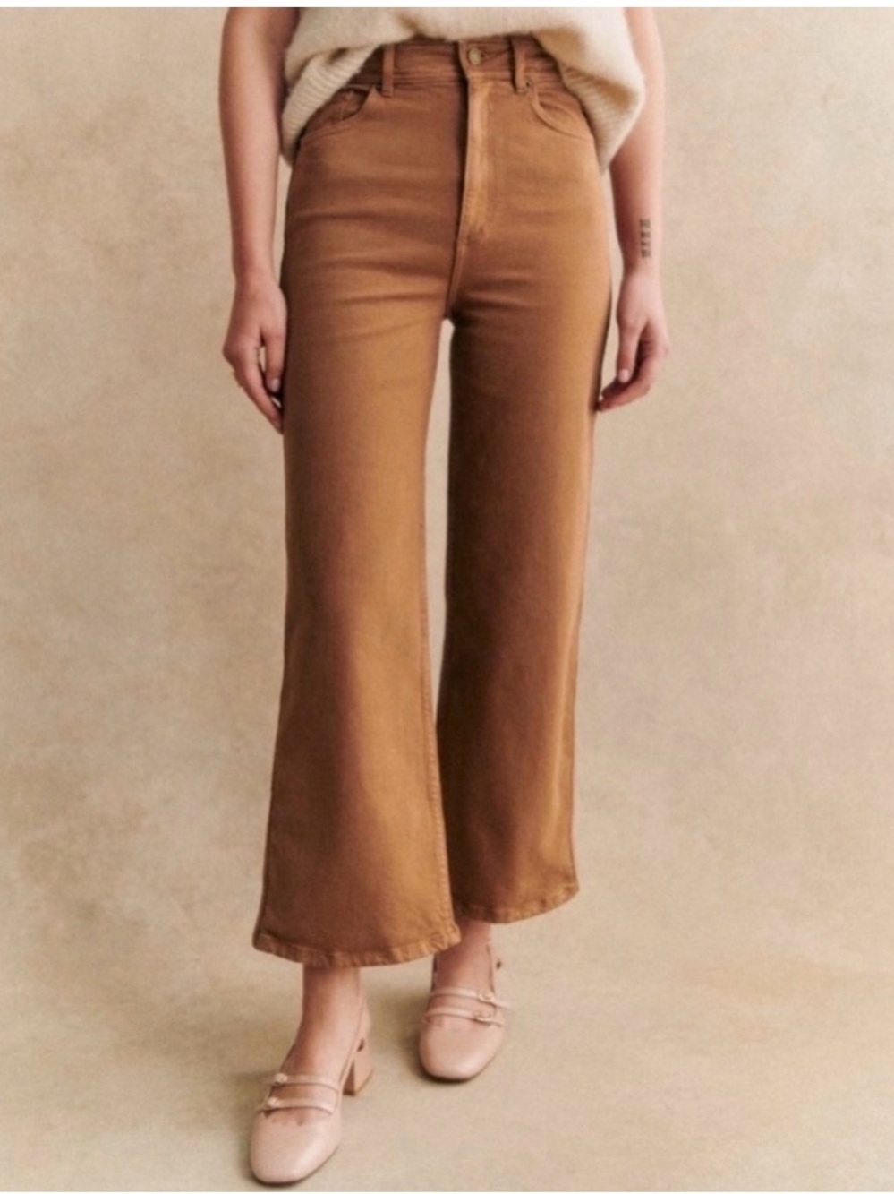 Sézane Cropped High-Rise Wide-Leg Jeans in Camel Brown
